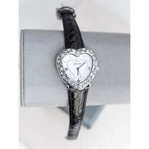 Brighton Austria Heart Watch Black Leather Rhinestone Crystal Vintage 7" Works